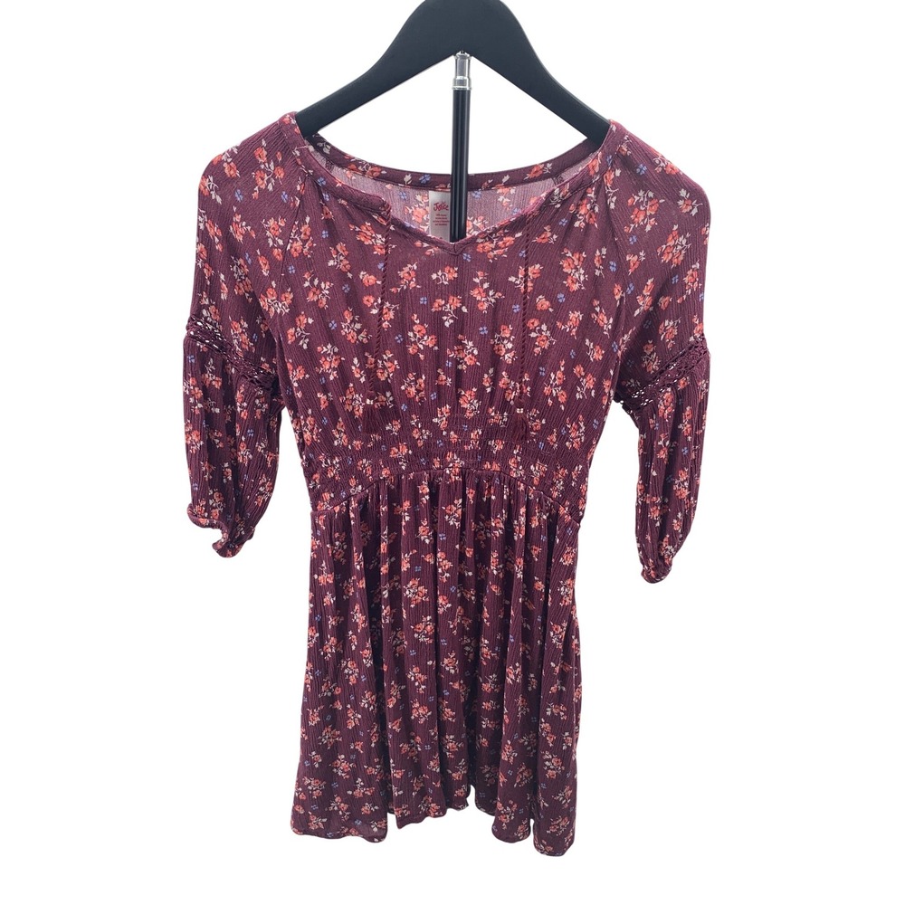 Justice Girls Floral Smocked Waist Boho Dress Burgundy Crochet Sleeve Size 8
